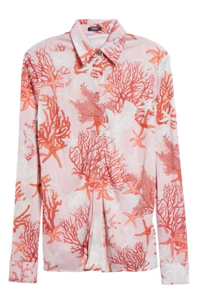 Versace Holiday Print Jersey Button-up Shirt In Dusty Rose