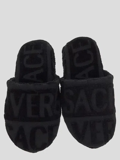 Versace Home All-over Logo Slippers In Black