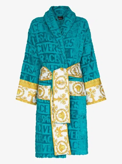 Versace Home Barocco-print Cotton Bathrobe In Blue