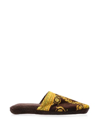 Versace Home Barocco-print Terry Slippers In Brown