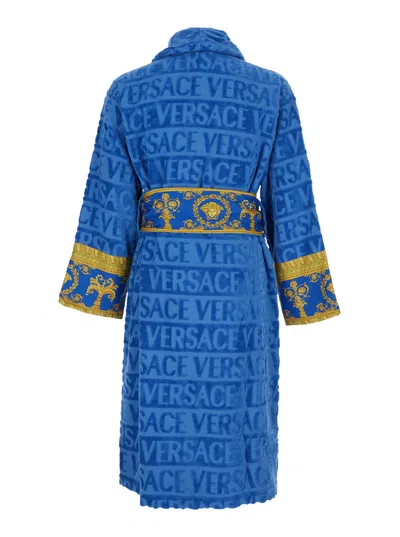 Versace Home Baroque Print Cotton Bathrobe In Blue