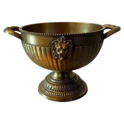 Pre-owned Versace Home Collection Vintage Brass Pedestal Bowl With Lion Head Medallions Neoclassical Hotel Style In Brown