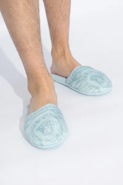 Versace Home Cotton Slippers In Blue