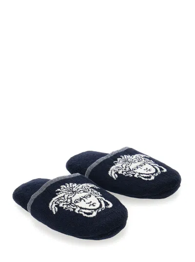 Versace Home Cotton Terry Slippers In Blue