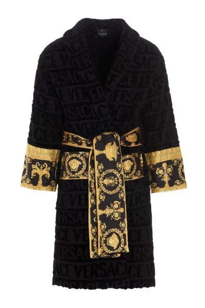 Versace Home Embossed Logo Bathrobe In Black