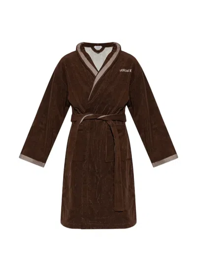 Versace Home Embroidered-graphic Cotton Bathrobe In Brown