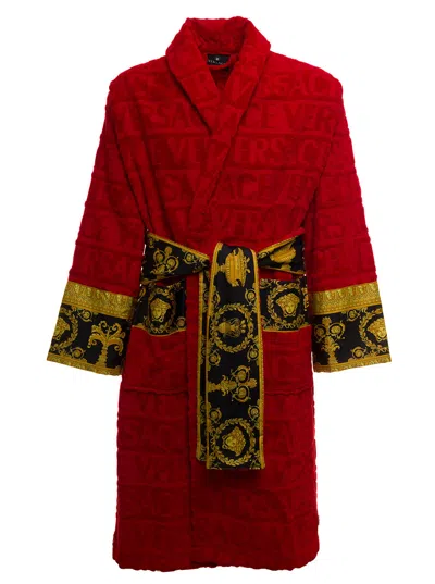 Versace Home Logo Jacquard Cotton Terry Bathrobe In Red