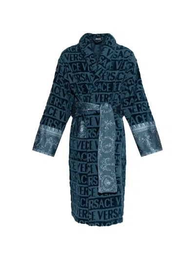 Versace Home Logo-pattern Belted Robe In Blue
