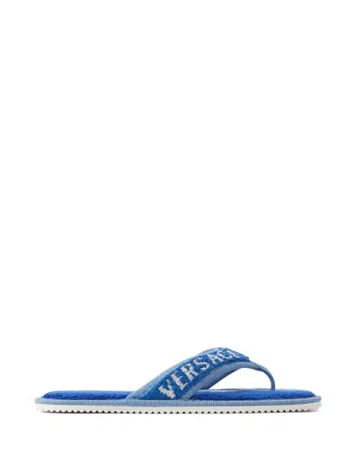 Versace Home Logo-embroidered Terry-cloth Sandals In Blue