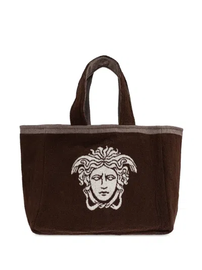 Versace Home Medusa Embroidery Tote Bag In Brown