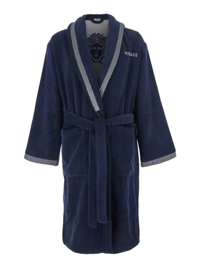Versace Home Medusa Jacquard Cotton Bathrobe In Blue
