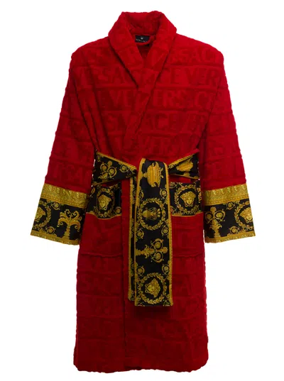 Versace Homes Red Terry Cotton Bathrobe With Baroque Detail