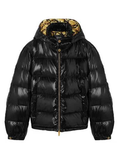 Versace Allover Barocco Down Jacket In Black