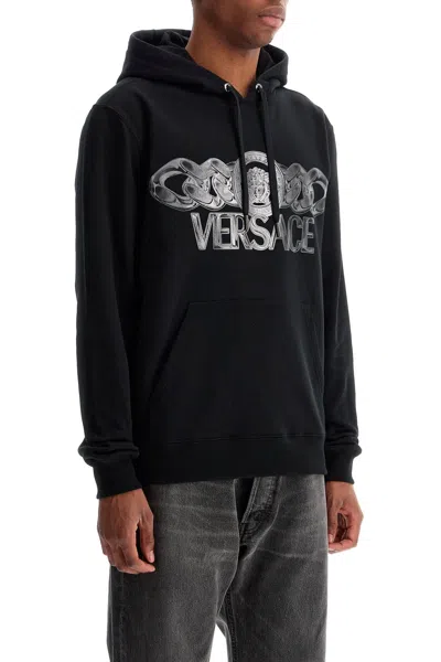 Versace Intricate Logo Print Sweatshirt With Kangaroo Pocket In Black