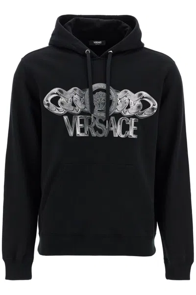Versace Intricate Logo Print Sweatshirt With Kangaroo Pocket In Black