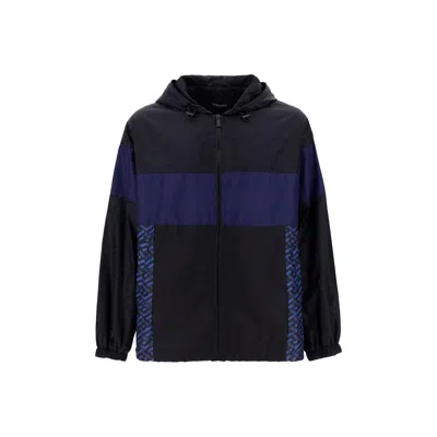 Versace Hooded Windbreaker Jacket Men In Blue