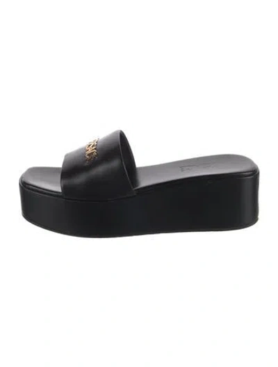 Pre-owned Versace Horsebit Accent Leather Slides In Black