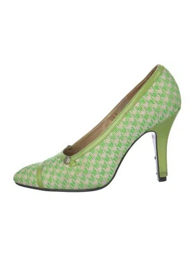 Pre-owned Versace Houndstooth Print Leather Trim Embellishment Pumps In Green