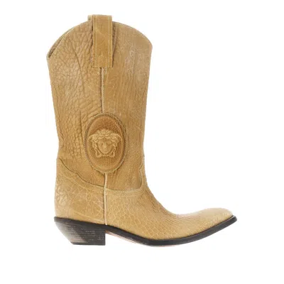 Versace 'houston' Leather Boots In Brown
