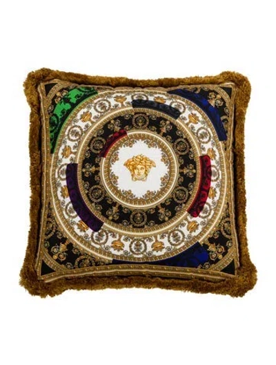 Pre-owned Versace I ♡ Baroque & Roll Silk Throw Pillow In Gold