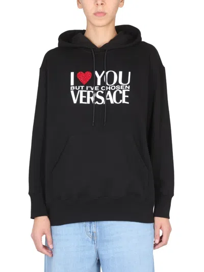 Versace I Love You Logo Hoodie Sweatshirt In Black