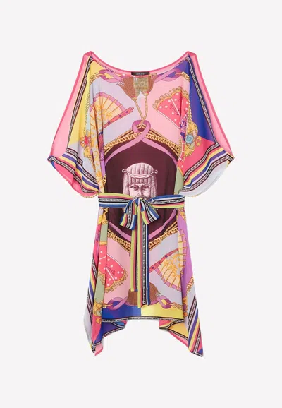 Versace I Ventagli Pareo Short-sleeved Mini Beach Dress In Multicolor