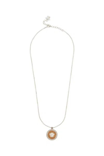 Versace Ic Crystal Necklace With Pendant And Chain In Grey