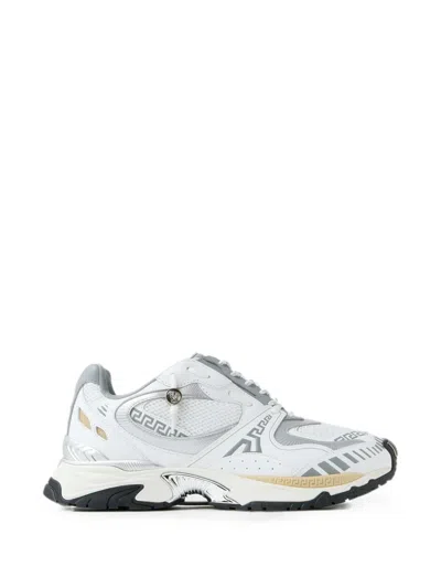 Versace Dynamic Mesh And Calf Leather Sneaker With Greek Key Patterns In White