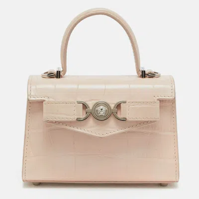 Pre-owned Versace Icon Medusa Mini Beige Croc Embossed Leather Top Handle Bag In Sand
