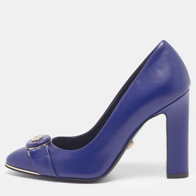Pre-owned Versace Icon Medusa Size 35 Blue Leather Block Heel Pumps