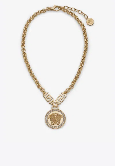 Versace Iconic Medusa Medallion Crystal Necklace In Gold