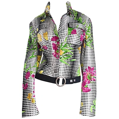Pre-owned Versace Important Vintage 1990s Gianni  Jeans Couture Op Art Belted 90s Jacket In Gray