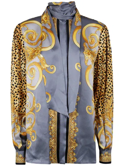 Versace Informal Shirt Cheetah Foulard On Silk Crepe Satin Lw In Blue
