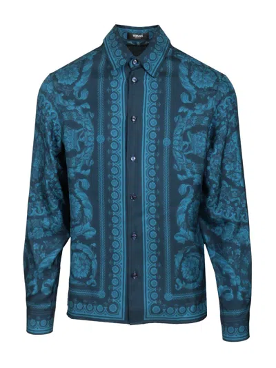 Versace Informal Shirt Silk Twill Fabric Barocco 92 Print Shirts Blue