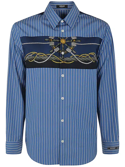 Versace Informal Shirt Striped Poplin Fabric Printed Inserts In Blue Gold