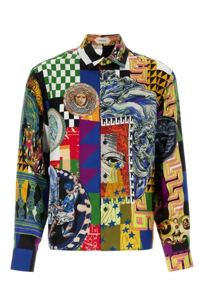 Versace Informal Silk Twill Shirt With Medusa Collage Print In Multicolor