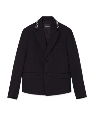 Versace Intarsia Collar Logo Blazer In Black