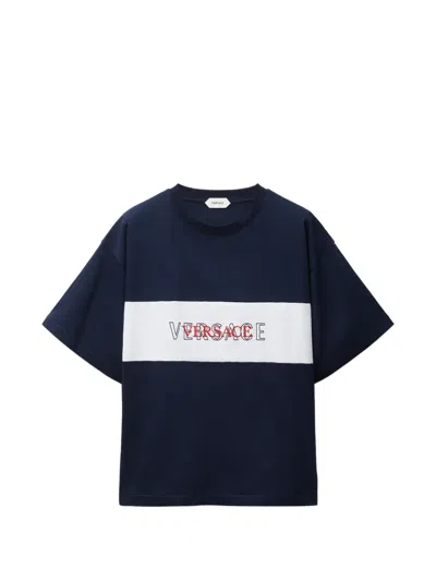 Versace Navy Intarsia Cotton-jersey Regular T-shirt In Blue
