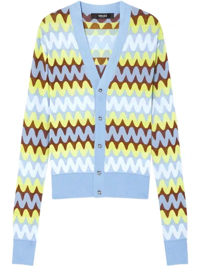 Versace Intarsia-knit Cardigan In Blue