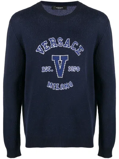 Versace Intarsia-knit Logo Jumper In Blue