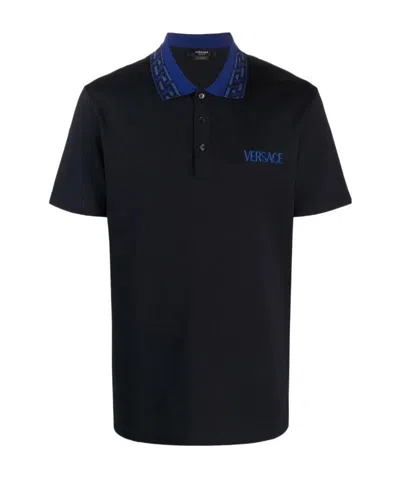 Versace Intarsia-knit Logo Short-sleeve Polo Top In Black
