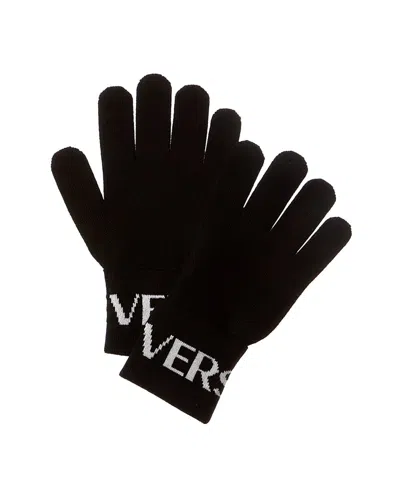 Versace Intarsia Knit Logo Wool-blend Gloves In Black