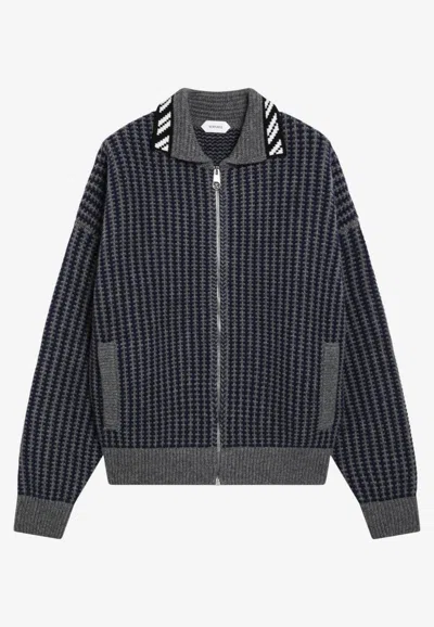 Versace Intarsia Wool Knitted Zip Cardigan In Gray