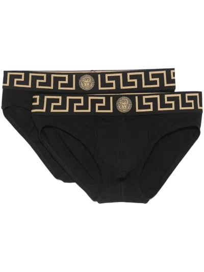 VERSACE VERSACE BLACK COTTON BRIEFS SET OF TWO WITH GRECA PATTERN