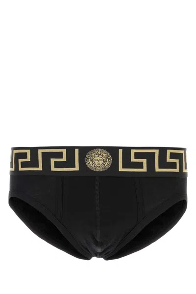 Versace Stretch Cotton Brief Set With Geometric Pattern In Black