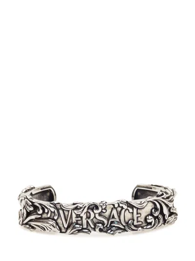 Versace Intricately Engraved Metal Bracelet In Light Antique Palladium