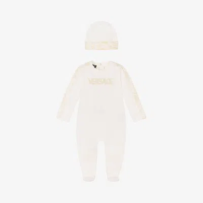Versace Ivory Cotton Babysuit & Hat Set In Neutral