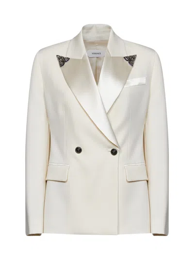 Versace Ivory Stretch Wool Double-breasted Blazer With Crystal Embroidery