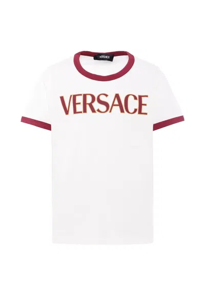 Versace Ivory T-shirt With Burgundy Logo For Kids In White