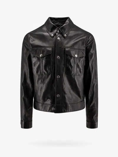 Versace Leather Blouson Jacket In Black